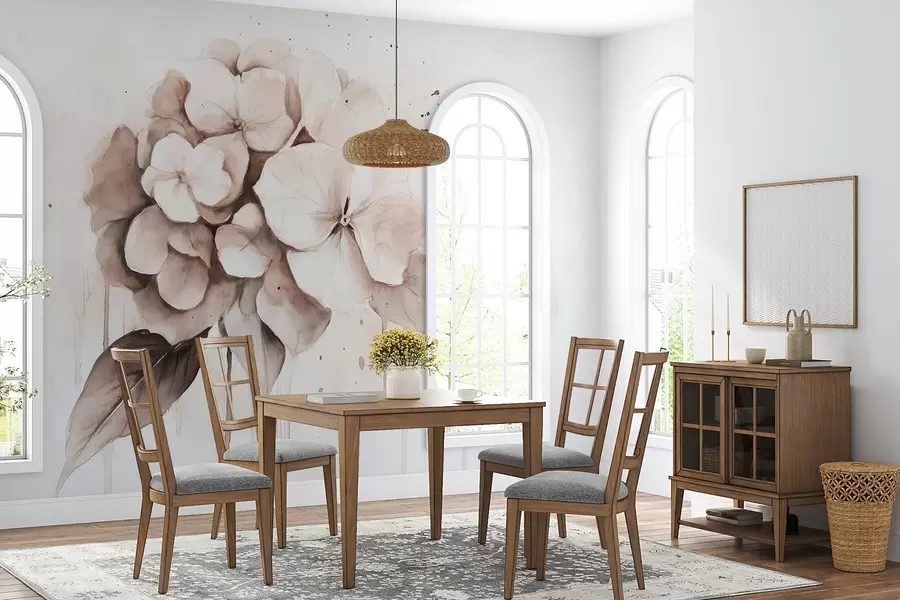 stenske poslikave Risba hortenzije, akvarelni slog, bež barve w02483