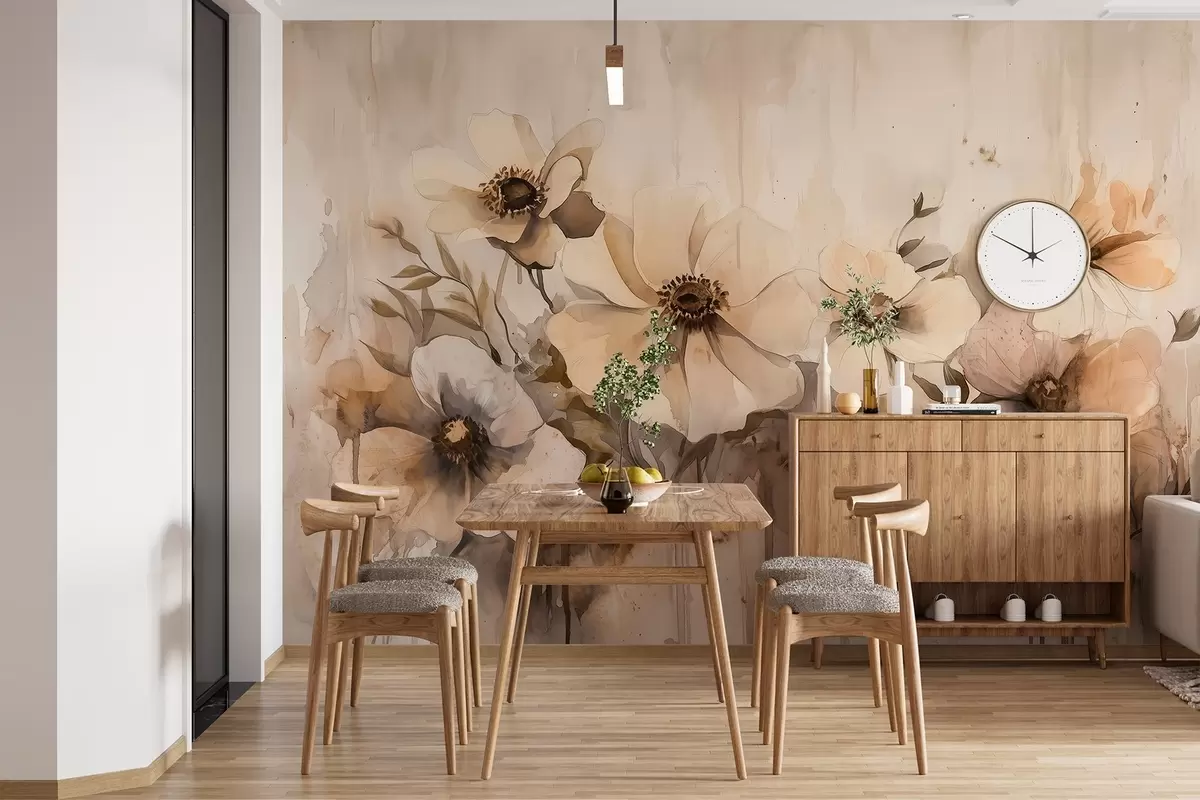 stenske poslikave Rustikalne rože, risba v stilu akvarela, bež barve w02487