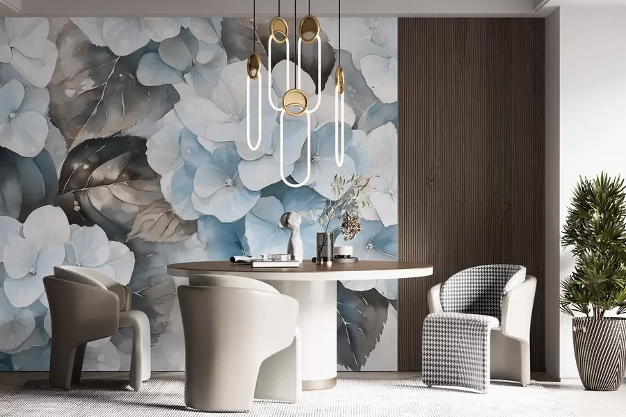 stenske poslikave Hortenzija cvetje, akvarel slog risanje, modre barve, cvetlični w02488v1