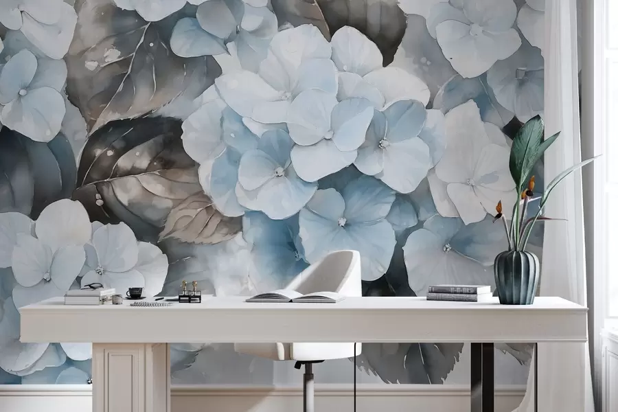 stenske poslikave Hortenzija cvetje, akvarel slog risanje, modre barve, cvetlični w02488v1