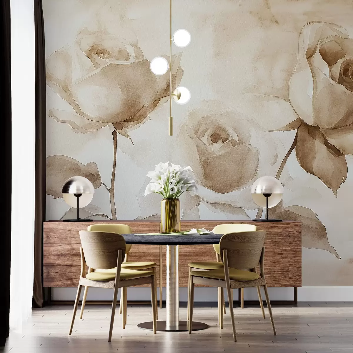 stenske poslikave Bež vrtnice, cvetje, mehka akvarelna risba, rustikalna, boemska w02490