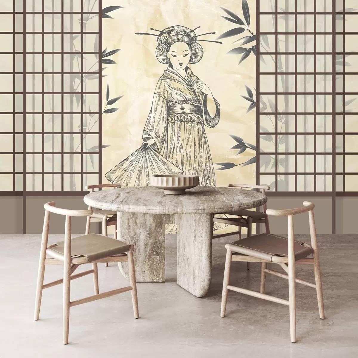 stenske poslikave Stara hiša v azijskem slogu, dekle v tradicionalnih oblačilih, češnjevi cvetovi, češnjevi cvetovi, Shoji w02535