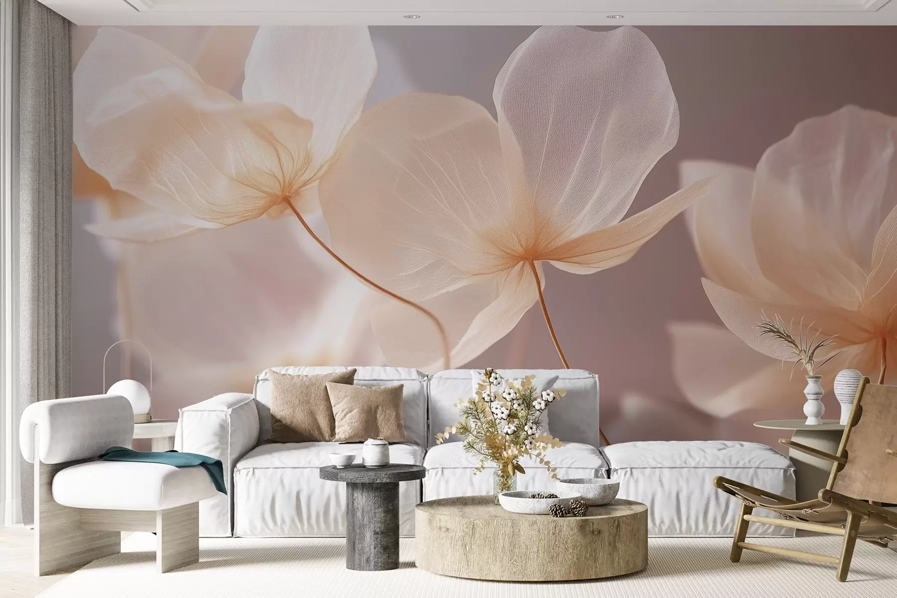 stenske poslikave Lotosovi cvetni lističi, občutljiva kompozicija z rožnatim ozadjem w08500v1