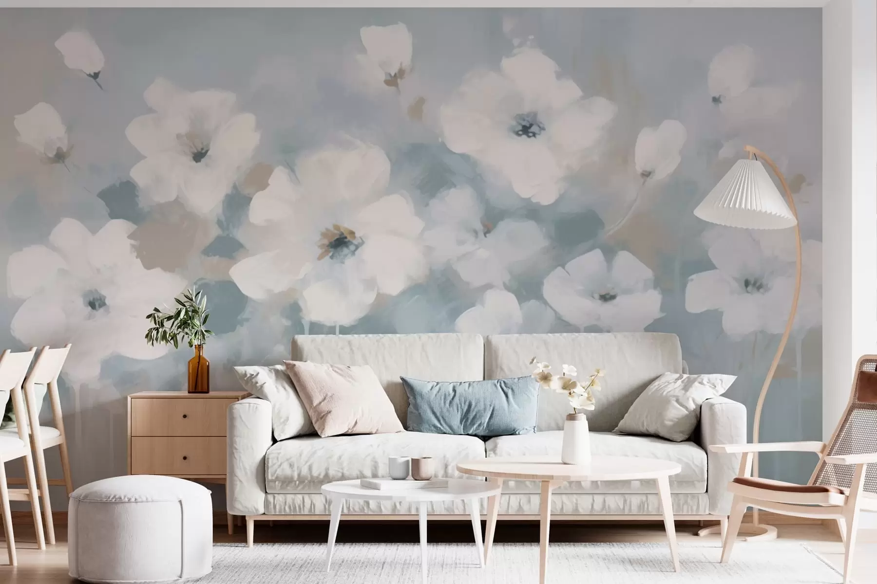 stenske poslikave Nežni beli cvetovi modre barve w08542v2