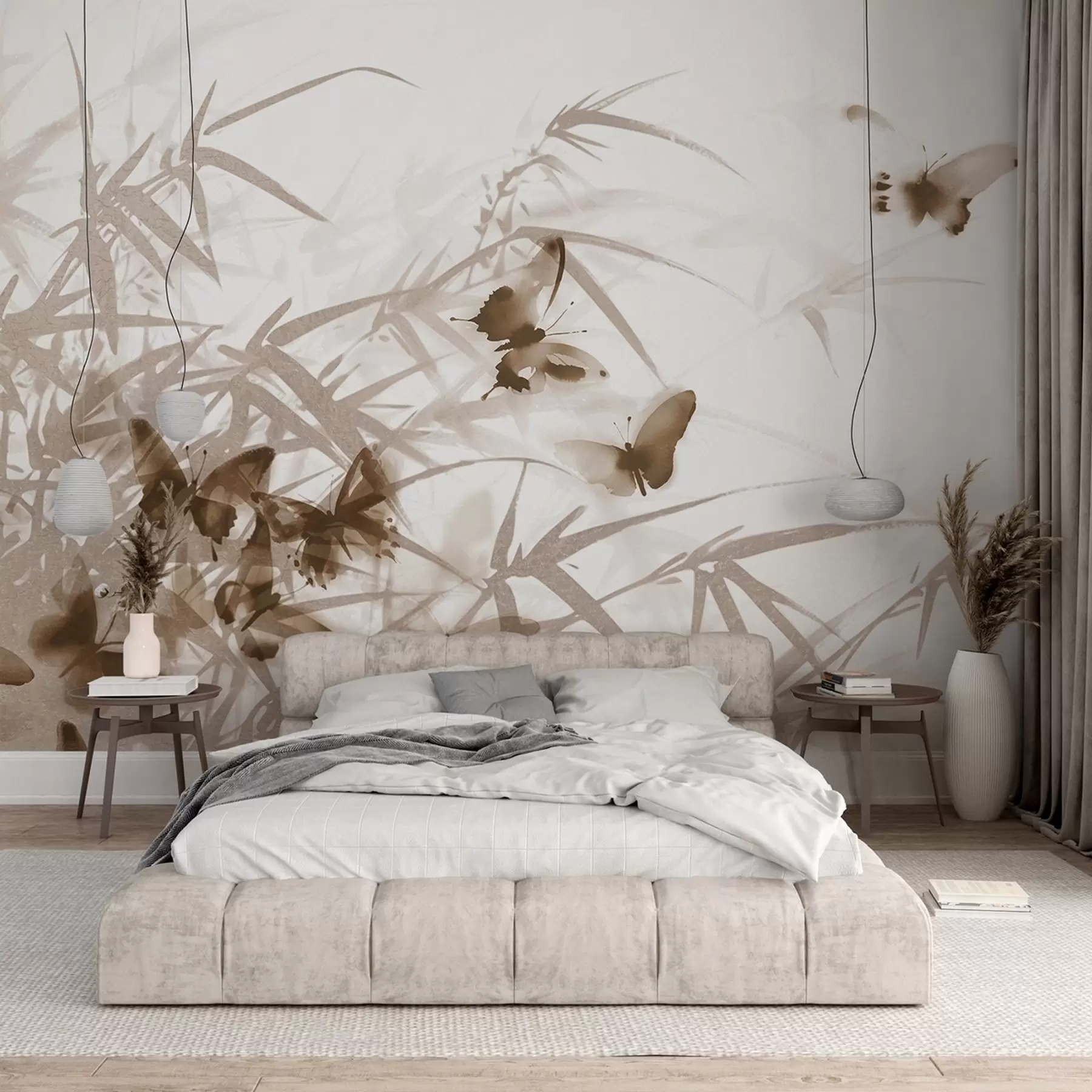 stenske poslikave Teksturirani bambusovi listi in stebla z letečimi rjavimi metulji s prozornimi krili w08524v1