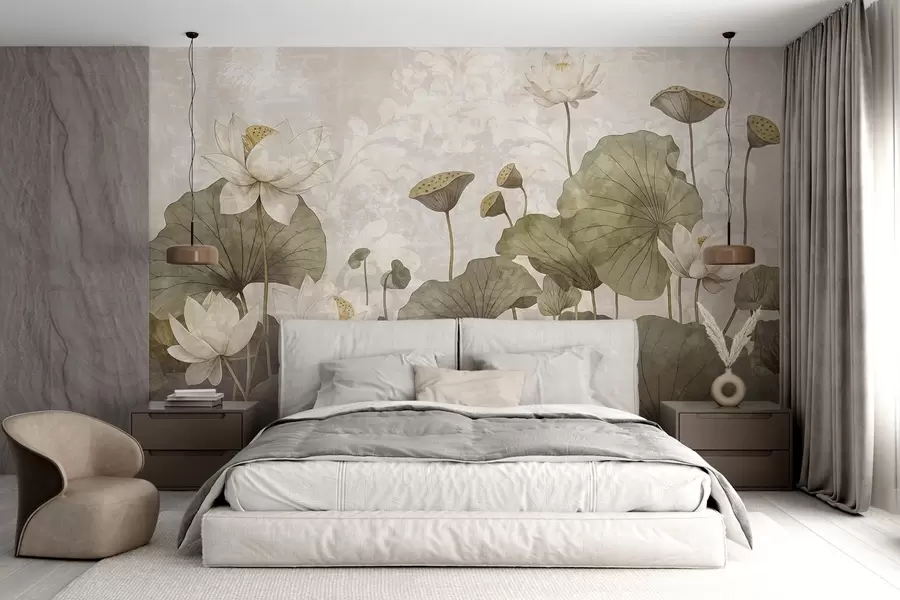 stenske poslikave Polje belih lotosovih cvetov z velikimi zelenimi listi na mehkem, meglenem bež ozadju w08527