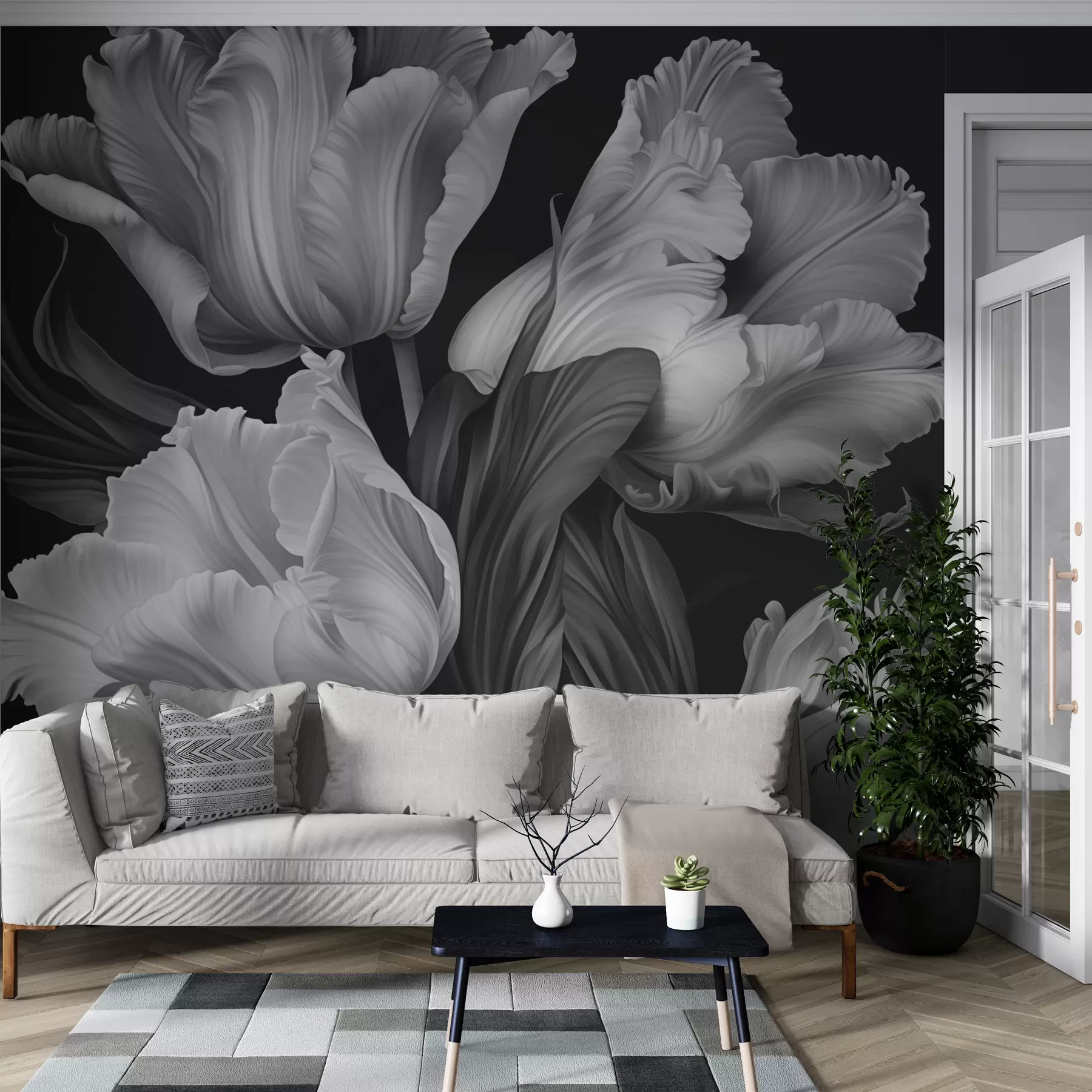 stenske poslikave Črno-beli tulipani v fotorealističnem slogu w02557