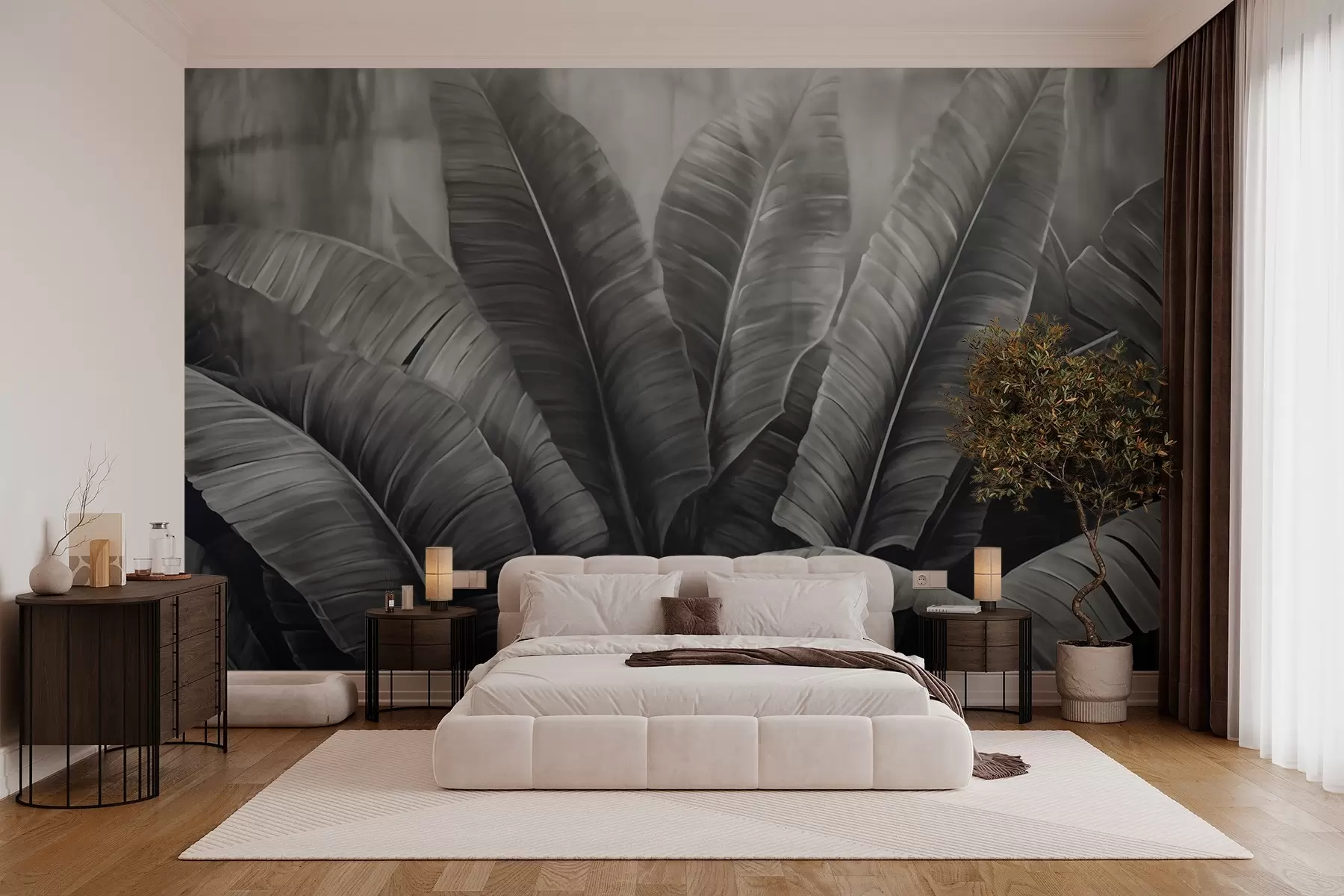 stenske poslikave Enobarvni tropski listi banan na temnem ozadju w02578