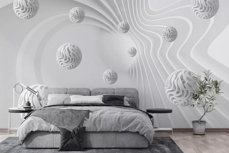 stenske poslikave 3D siva abstrakcija s kroglami in globinskim učinkom w08553
