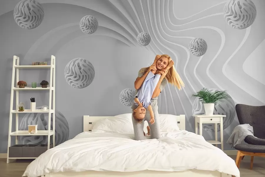 stenske poslikave 3D siva abstrakcija s kroglami in globinskim učinkom w08553