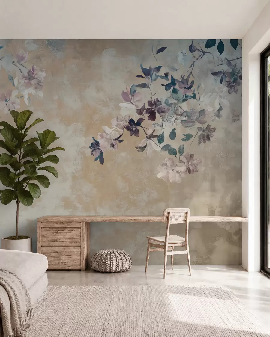 stenske poslikave ozadje v retro slogu z vejami in cvetjem w02686