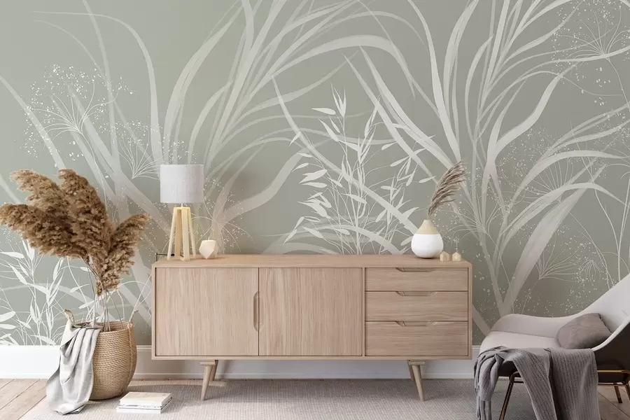 stenske poslikave Nežen sodoben minimalističen bel cvetlični tisk na svetlo pastelno zelenem ozadju w08583v1