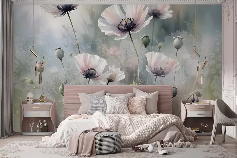 stenske poslikave Nežne roza in vijolične maki z zelenimi stebli in popki na mehkem, zamegljenem teksturiranem ozadju w08585