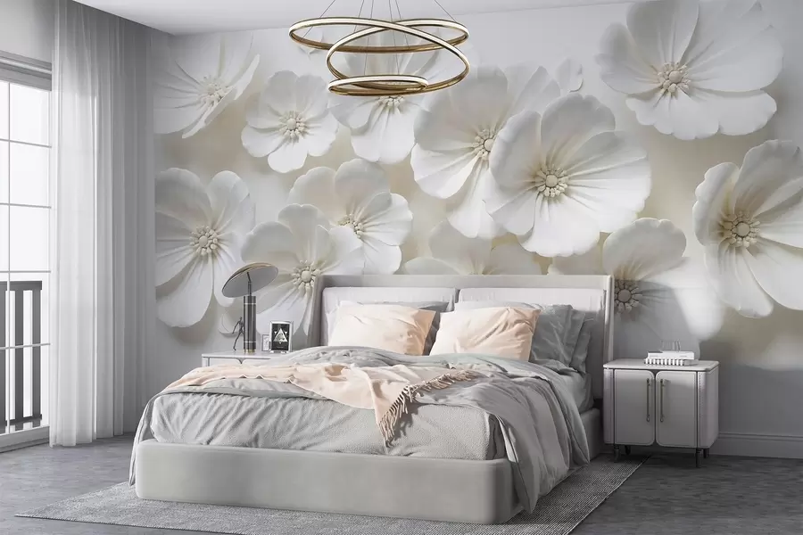 stenske poslikave Beli cvetovi z nežnimi cvetnimi lističi in središči na svetlem ozadju w08587