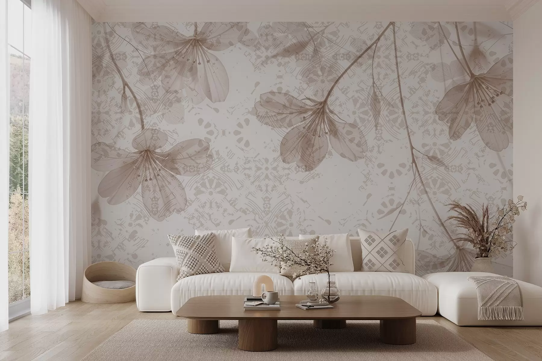 stenske poslikave Nežno bež in belo cvetje z dolgimi stebli in cvetnimi listi na mehkem, zamegljenem tekstualnem ozadju w08588v1