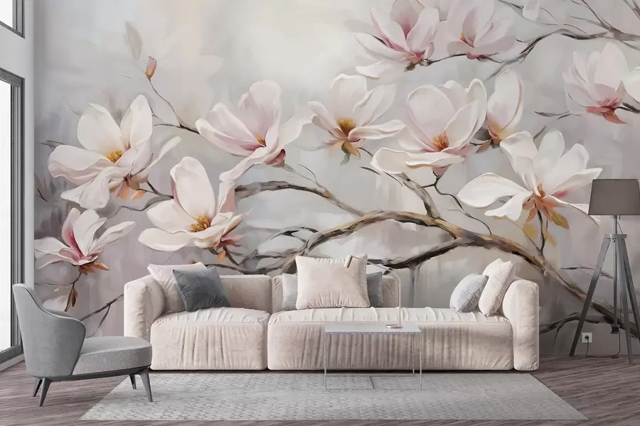 stenske poslikave Nežno roza cvetje magnolije, ki cveti na golih drevesnih vejah na mehkem, meglenem ozadju w08589