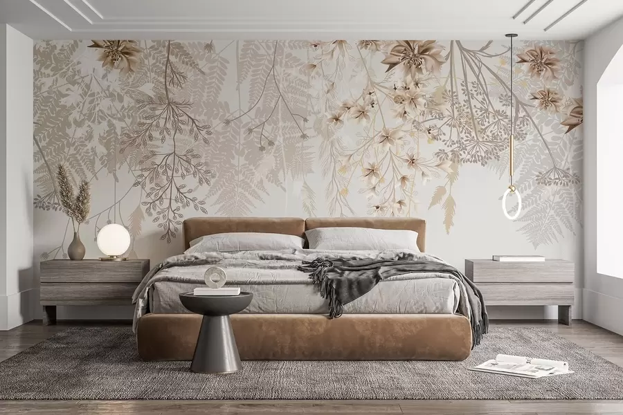 stenske poslikave Nežne cvetlične veje in trava z belimi, sivimi in bež cvetovi, ki se kaskadno spuščajo po svetlem ozadju w08598