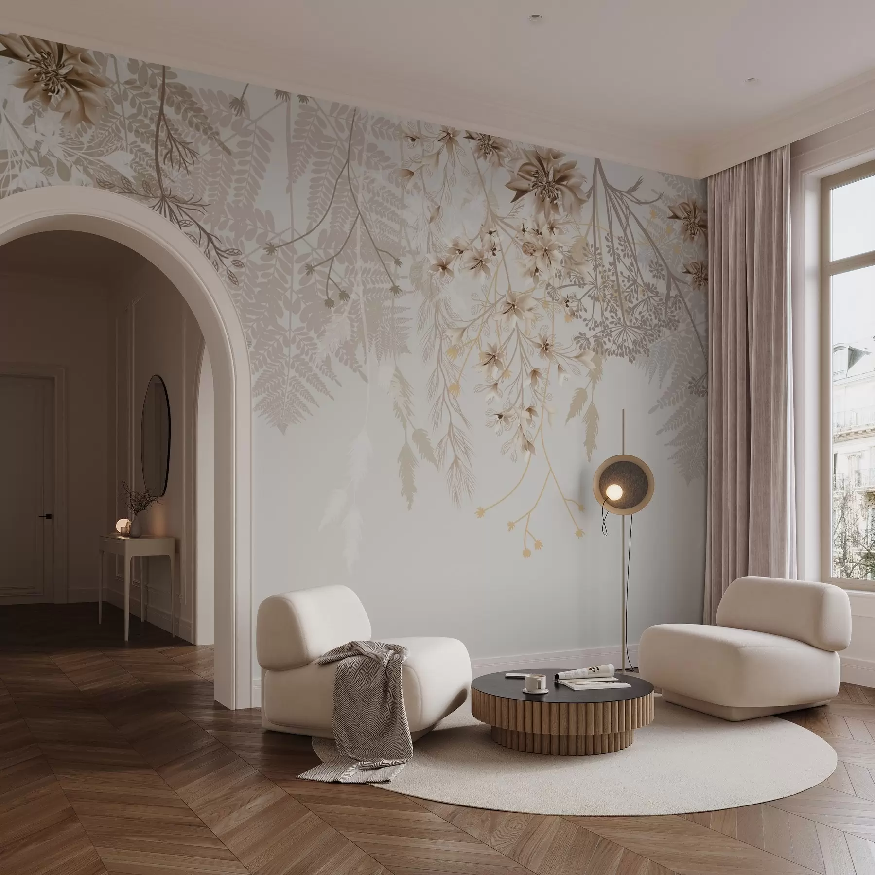 stenske poslikave Nežne cvetlične veje in trava z belimi, sivimi in bež cvetovi, ki se kaskadno spuščajo po svetlem ozadju w08598