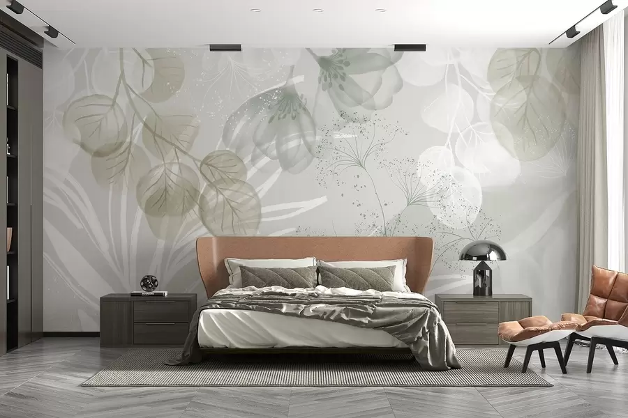 stenske poslikave Cvetlični elementi evkaliptusa v zelenih in belih odtenkih s prekrivajočimi se listi in cvetnimi listi v minimalističnem slogu w08599v1