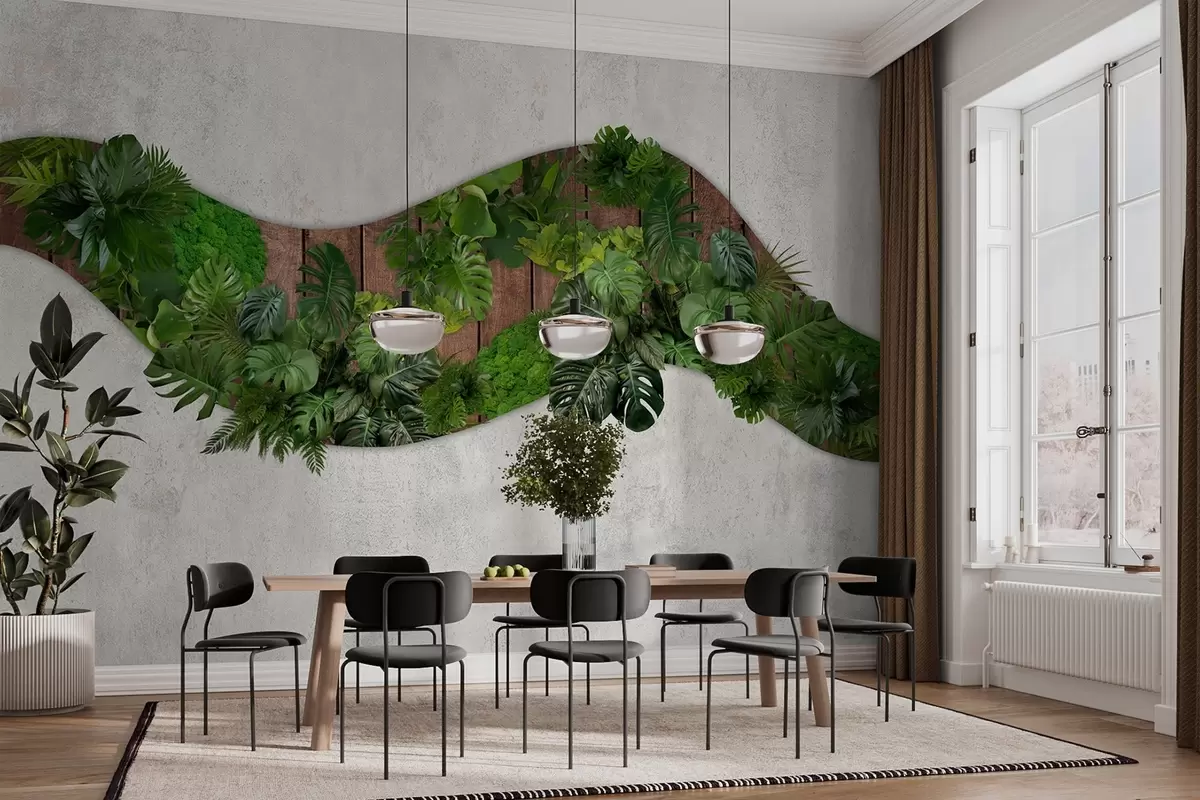 stenske poslikave Stenski okras z rastlinami, mahom, palmovimi listi, leseno ozadje w02658