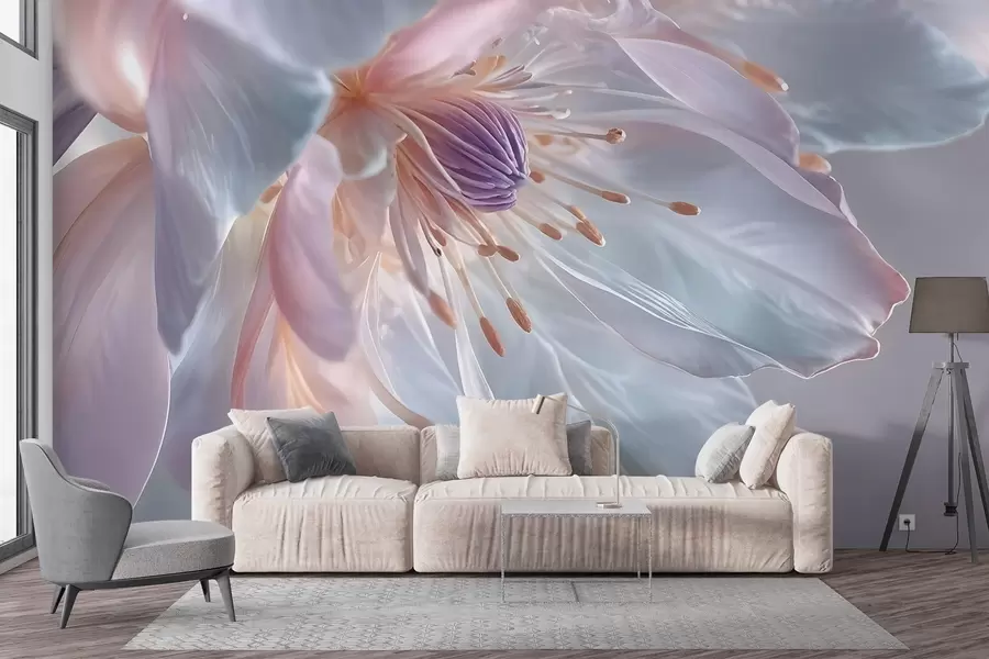 stenske poslikave Bližnji pregled nežnega, pastelno obarvanega cveta z mehkimi, prosojnimi cvetnimi listi in živahnim središčem w08605