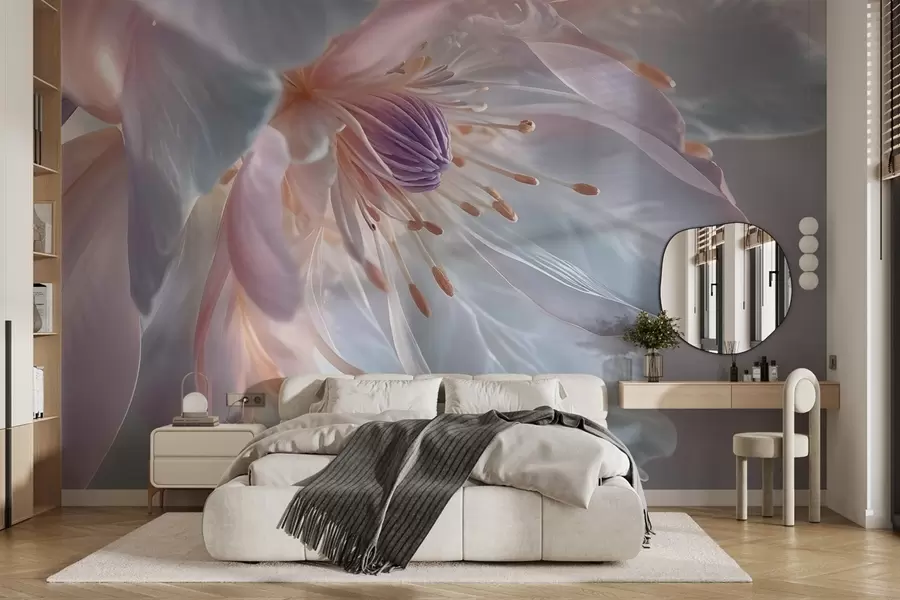 stenske poslikave Bližnji pregled nežnega, pastelno obarvanega cveta z mehkimi, prosojnimi cvetnimi listi in živahnim središčem w08605