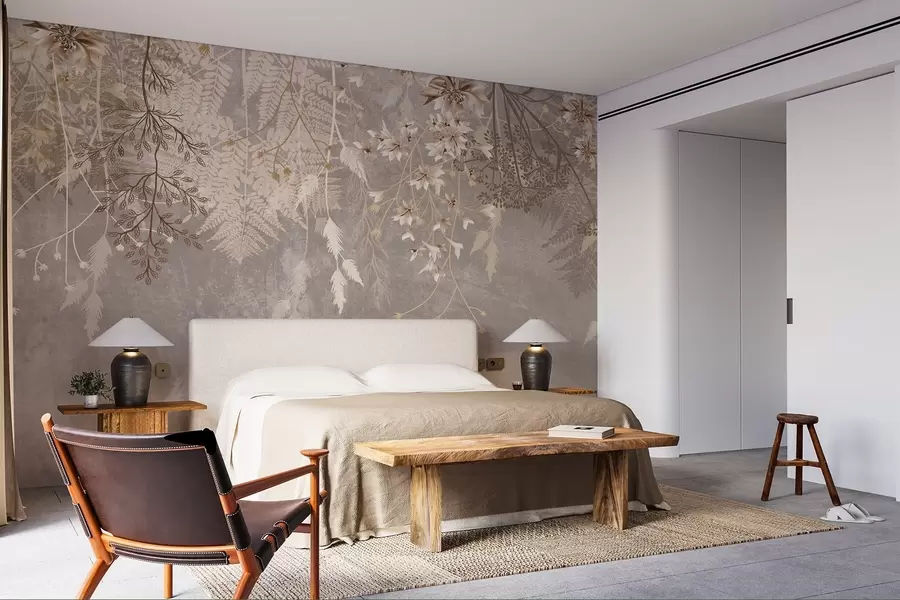 stenske poslikave Sanjske, občutljive, modrikaste rastline, šopki in cvetovi v rjavih pastelnih barvah na meglenem, teksturiranem ozadju w08606v1