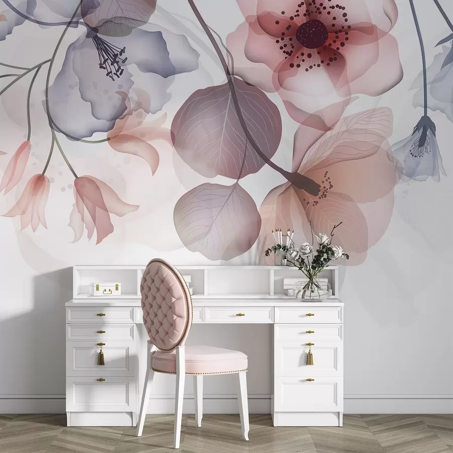 stenske poslikave Nežno rožnato in sivo prosojno cvetje z mehkimi cvetnimi lističi in temnimi središči na svetlem ozadju w08613