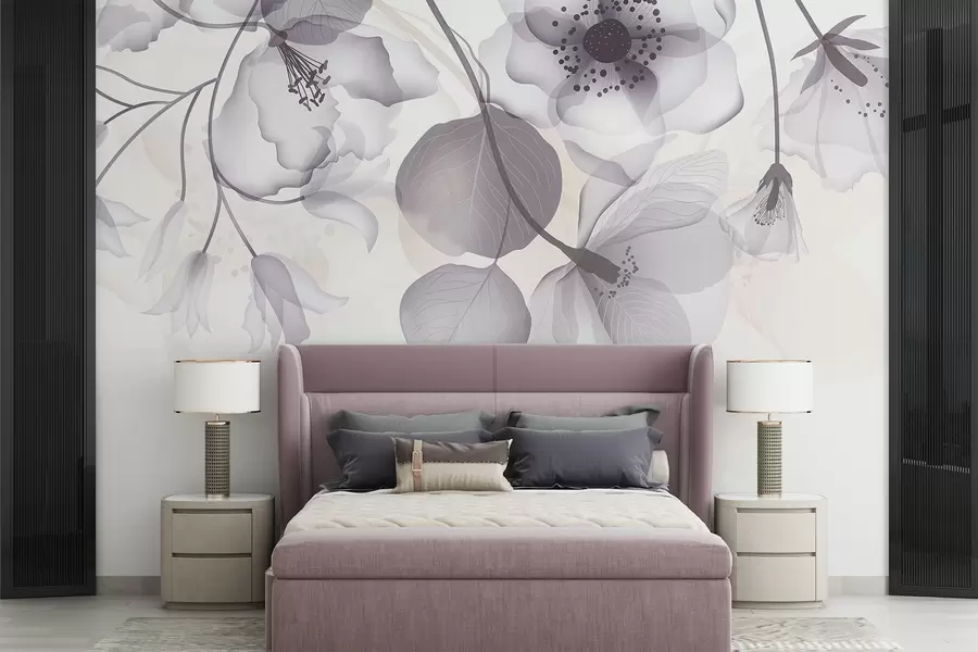 stenske poslikave Nežno sivo in bež prosojno cvetje z mehkimi cvetnimi listi in temnimi središči na svetlem ozadju w08613v2