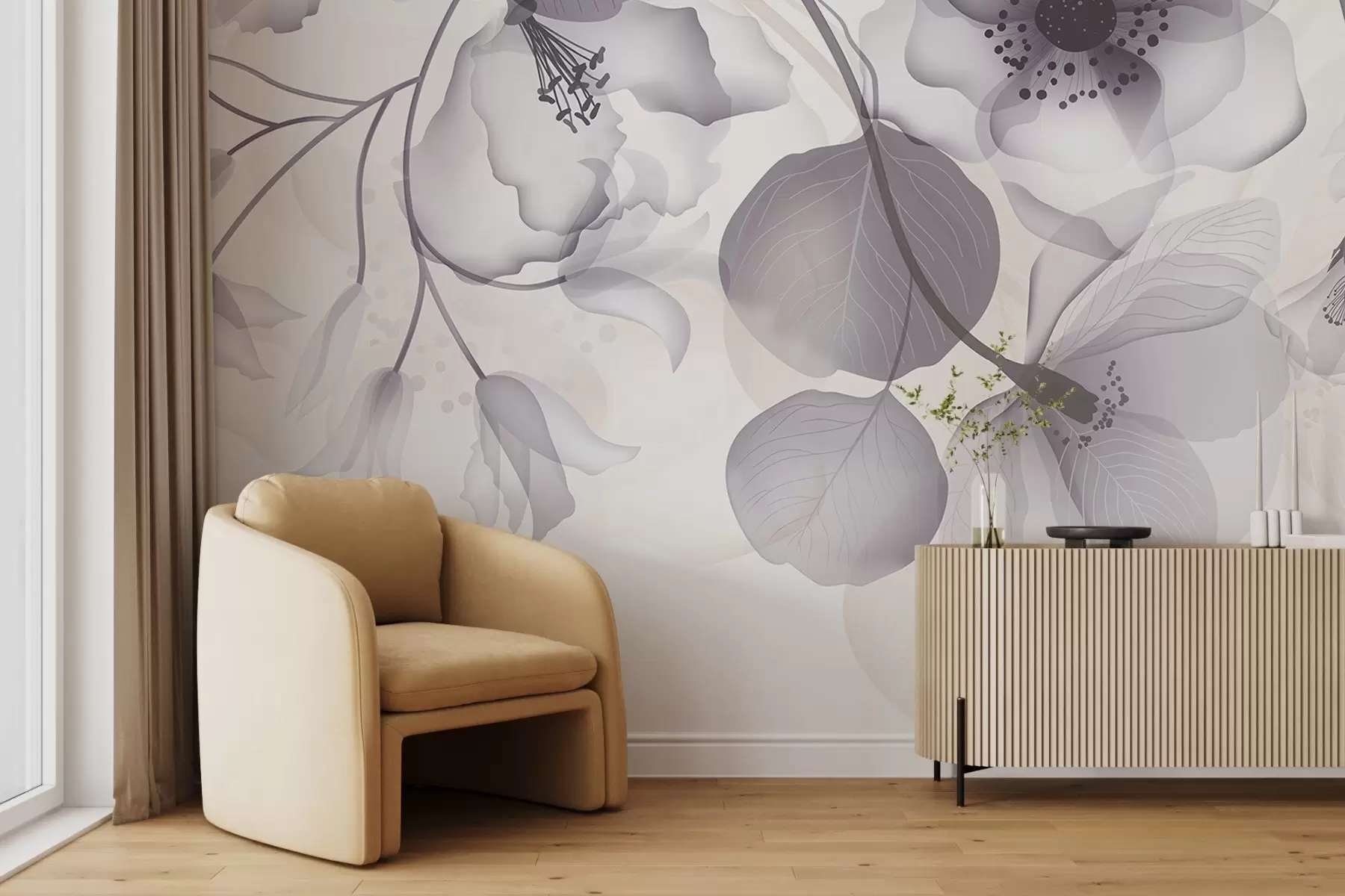 stenske poslikave Nežno sivo in bež prosojno cvetje z mehkimi cvetnimi listi in temnimi središči na svetlem ozadju w08613v2