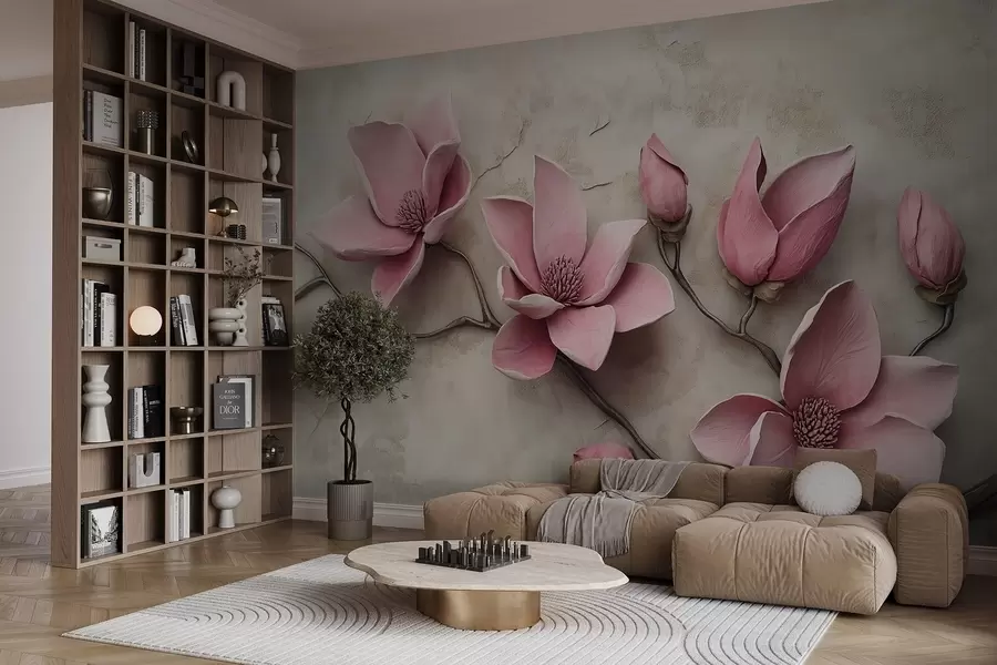 stenske poslikave Roza magnolije v stilu štukature w08635