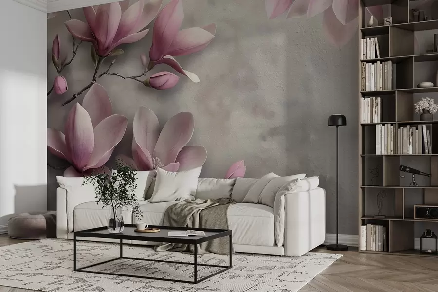 stenske poslikave Nežne roza magnolije na betonski steni v sivih tonih w08636v1