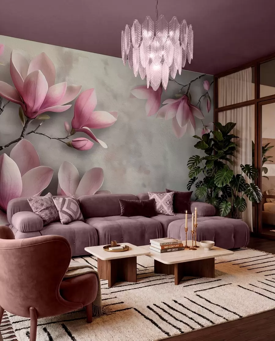stenske poslikave Nežne roza magnolije na betonski steni v sivih tonih w08636v1