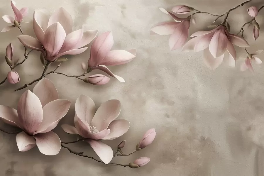 stenske poslikave Nežne roza magnolije na betonski steni v odtenkih sepije w08636v2