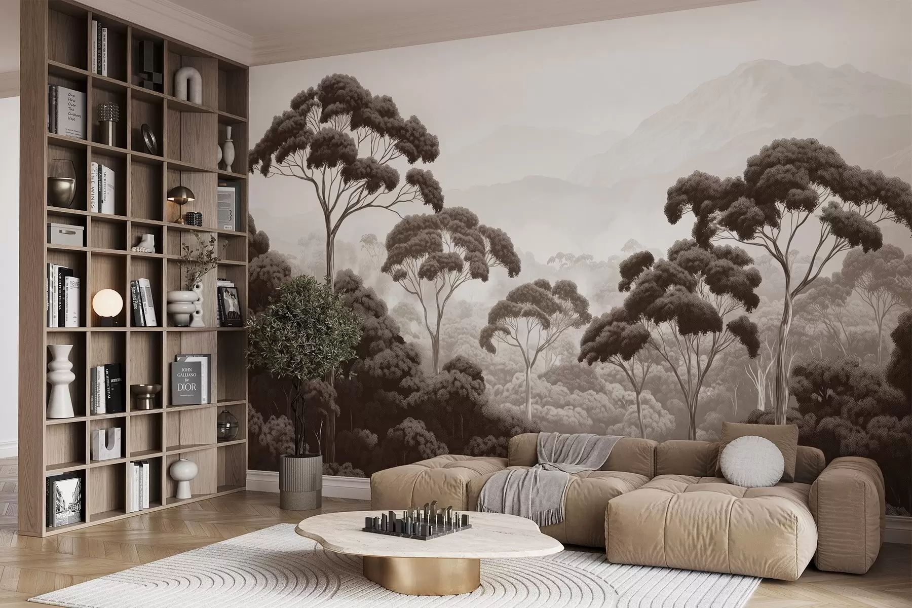 stenske poslikave Džungla gozd, gore, tropski, narava, velika drevesa, rjave barve w02739v2