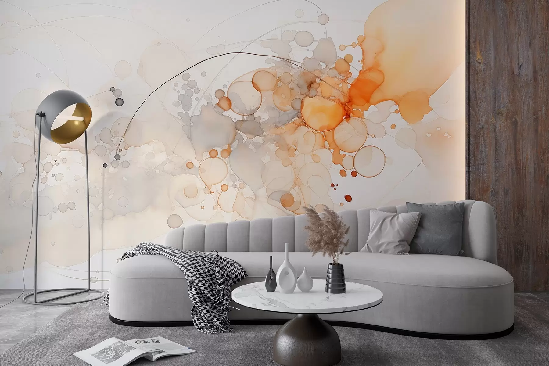 stenske poslikave Abstraktna tekoča umetnost, akvarelni slog, oranžne in bež barve w02746