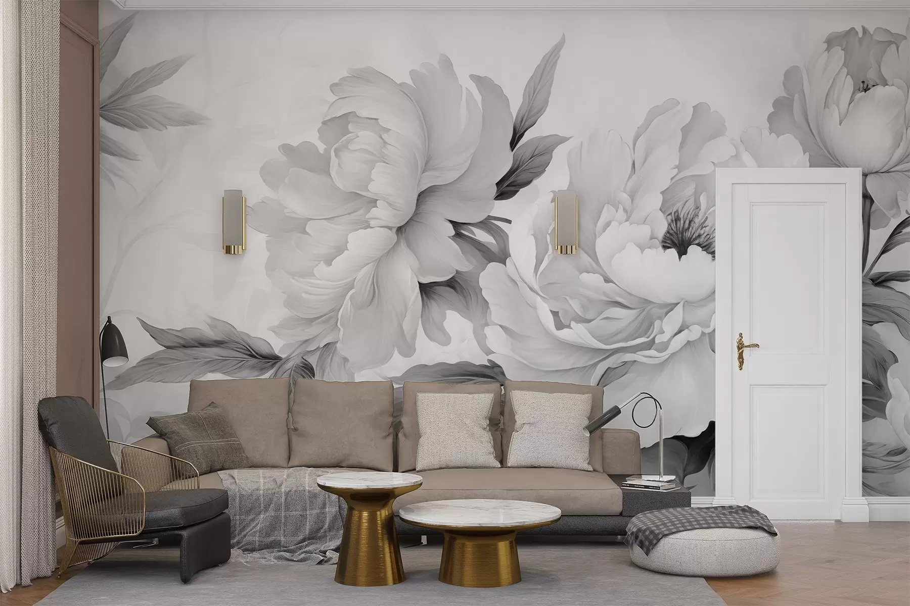 stenske poslikave Razkošne borovnice v sivih odtenkih z nežnimi detajli cvetnih listov in listov, ki ustvarjajo elegantno in mirno vzdušje w02856