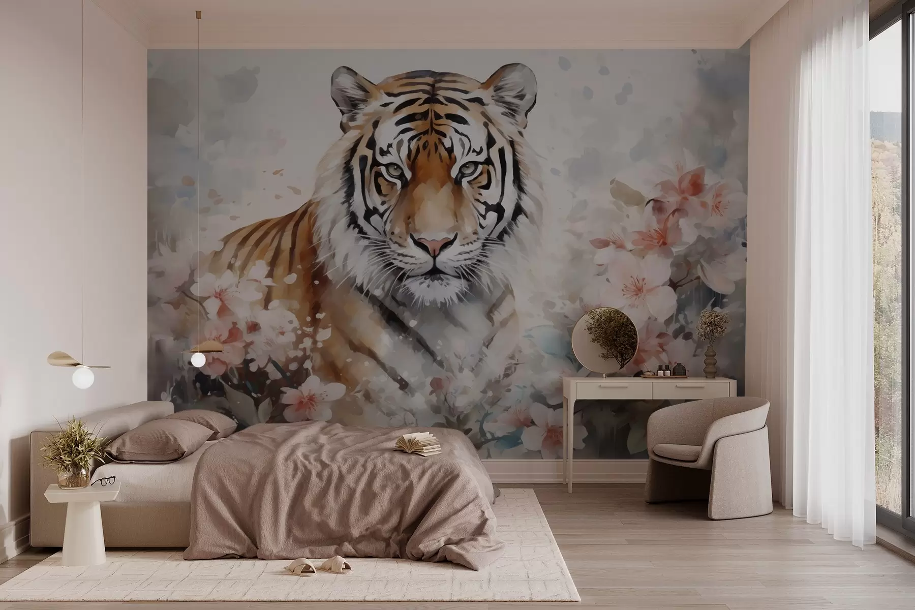 stenske poslikave Abstraktni tiger v cvetju imitacija akvarela w02892