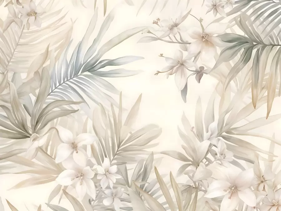 stenske poslikave Tropski listi in cvetovi v pastelnih barvah s svetlo zeleno, kremasto in nežno rožnato w08660