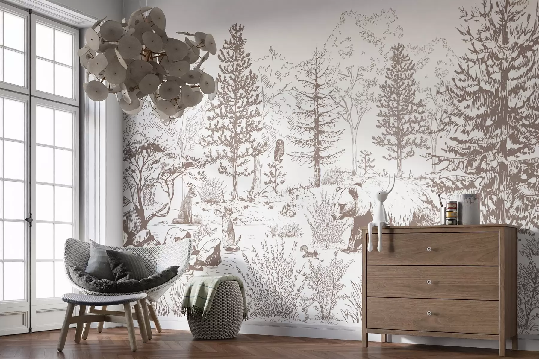 stenske poslikave Življenje v gozdu, drevesa, divje živali, medved, lisica, sova, grmovje, risba v slogu svinčnika, bež barve w02929