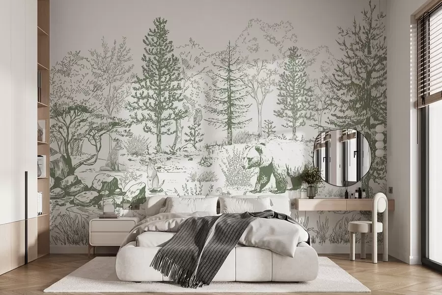 stenske poslikave Življenje v gozdu, drevesa, divje živali, medved, lisica, sova, grmičevje, risba v slogu svinčnika, zelene barve w02929v2