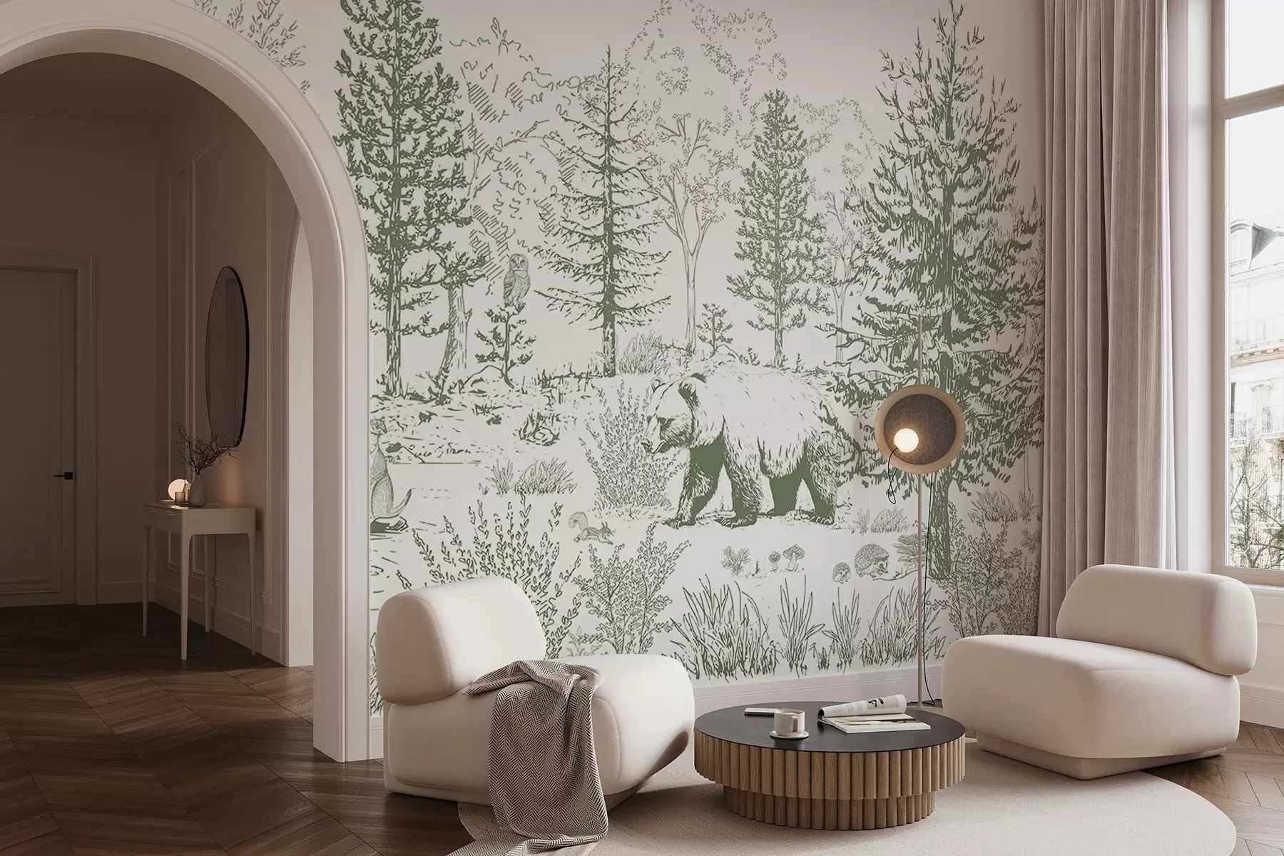 stenske poslikave Življenje v gozdu, drevesa, divje živali, medved, lisica, sova, grmičevje, risba v slogu svinčnika, zelene barve w02929v2