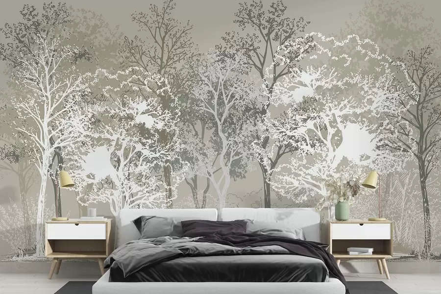 stenske poslikave Drevesa v gozdu, minimalizem, narava, zelena barvna paleta  w02930v1