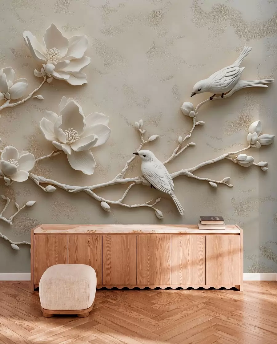 stenske poslikave 3D veje magnolije s pticami na njih w08690