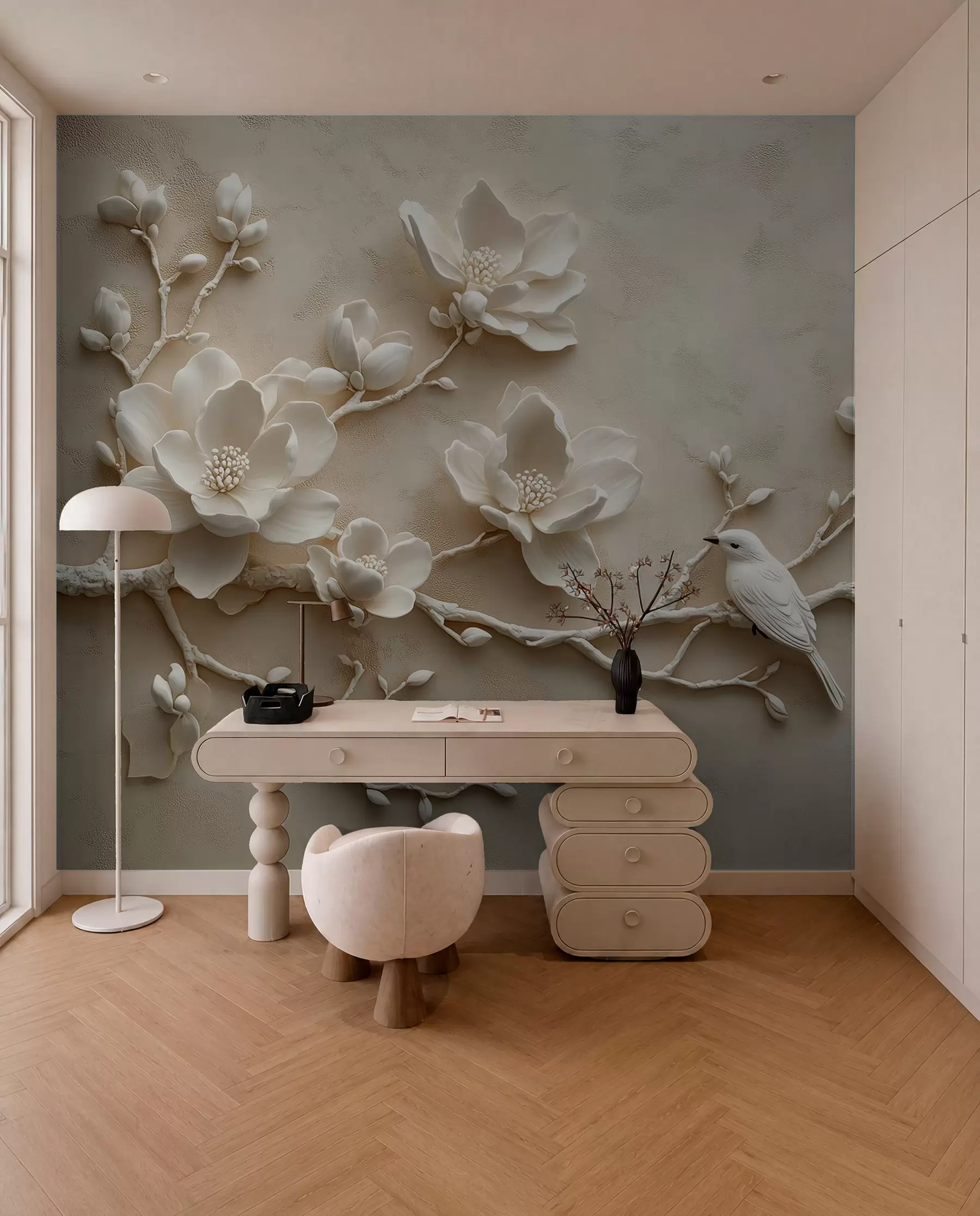 stenske poslikave 3D veje magnolije s pticami na njih w08690
