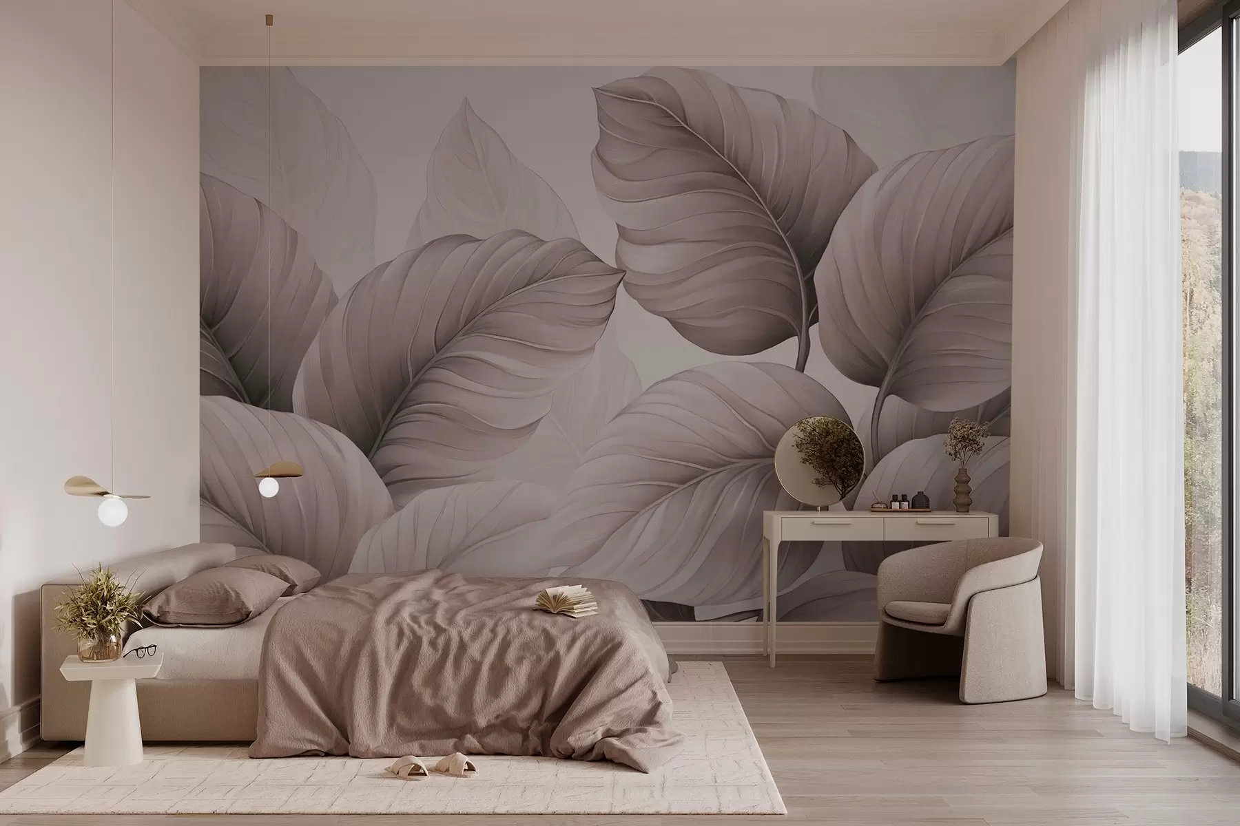 stenske poslikave Veliki listi, rožnati odtenki w02944v2