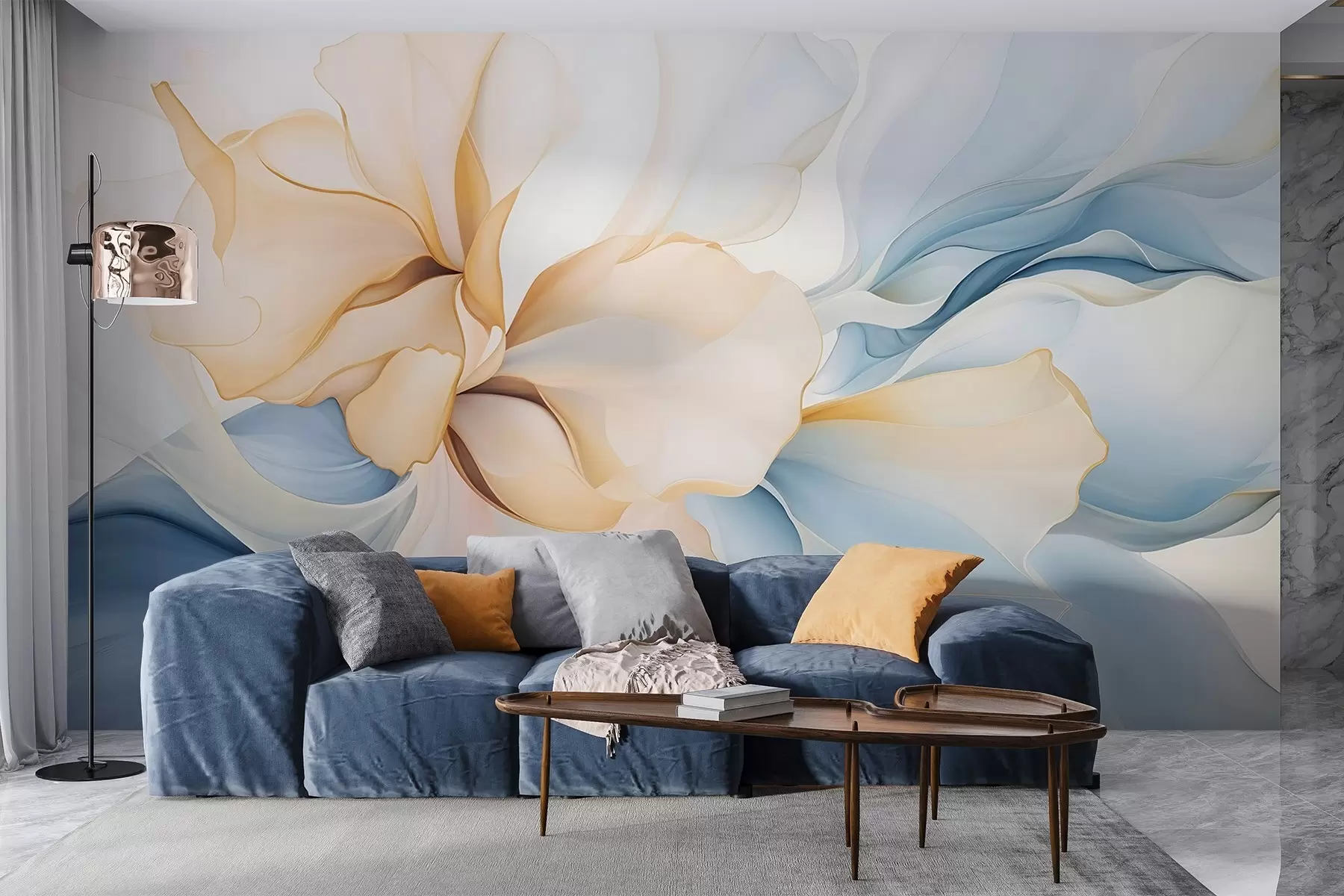 stenske poslikave Tekoči abstraktni cvetni lističi prosojnih in večplastnih oblik v pastelnih barvah, v breskovih in modrih odtenkih w08701