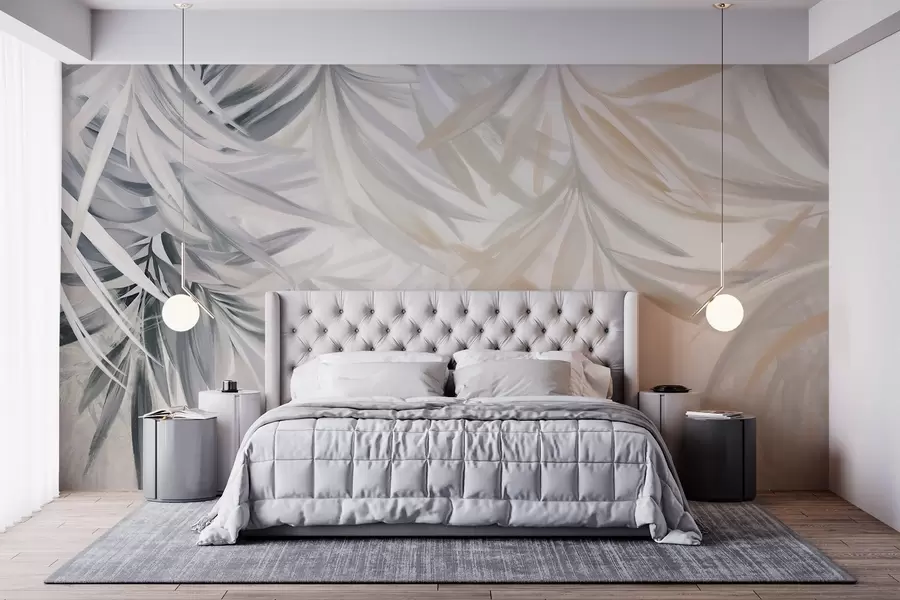 stenske poslikave Mehki, prelivajoči se svetli tropski listi v odtenkih sive in breskve, ki se prelivajo v svetel, nevtralen tisk w08703