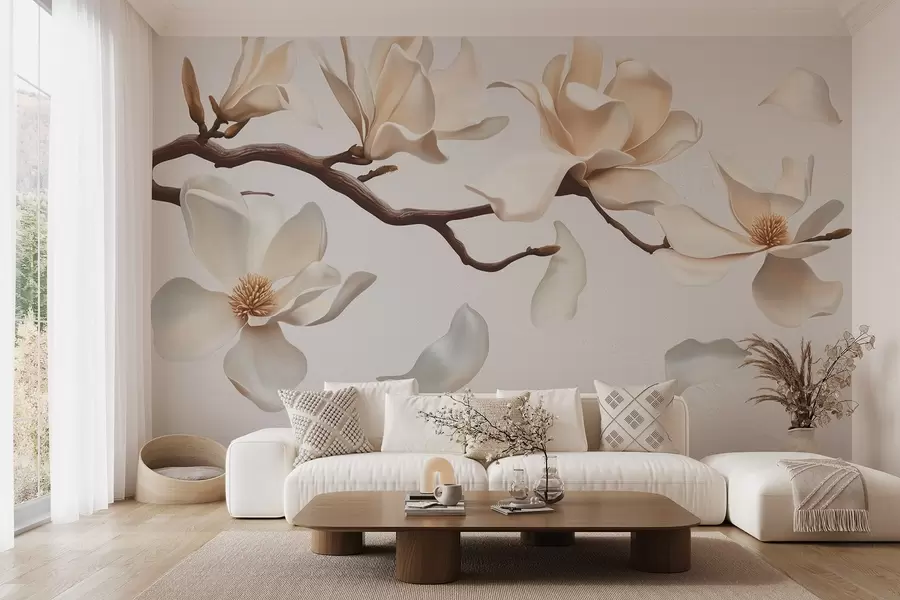 stenske poslikave Drevesna veja z nežnimi cvetovi magnolije in padajočimi cvetnimi lističi w08706