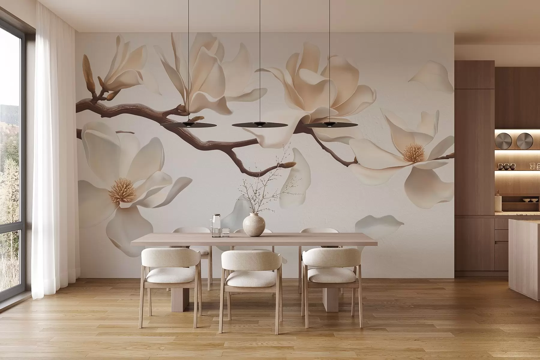 stenske poslikave Drevesna veja z nežnimi cvetovi magnolije in padajočimi cvetnimi lističi w08706